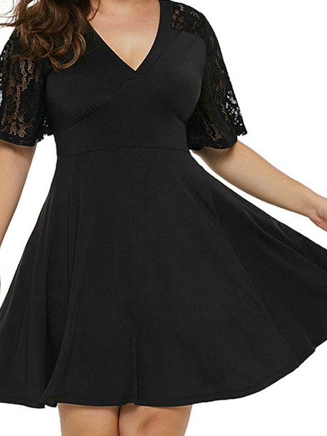 Womens Clothing Plus Size Collection | Womens Plus Size Shift Dress Solid Color V Neck Ruched Short Sleeve Spring Summer Casual 