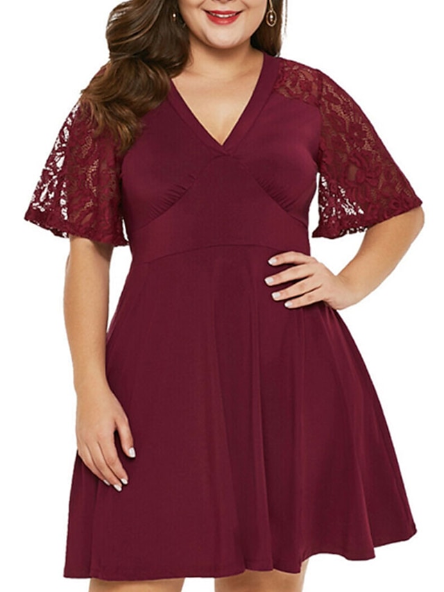 Womens Clothing Plus Size Collection | Womens Plus Size Shift Dress Solid Color V Neck Ruched Short Sleeve Spring Summer Casual 