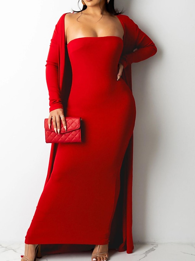 Womens Clothing Womens Dresses | Womens Sheath Dress Maxi long Dress Blue Black Red Brown Yellow Long Sleeve Pure Color Backless