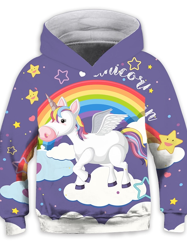 Baby & Kids Girls Clothing | Kids Girls Hoodie Long Sleeve Purple 3D Print Rainbow Unicorn Animal Pocket Daily Indoor Outdoor Ac