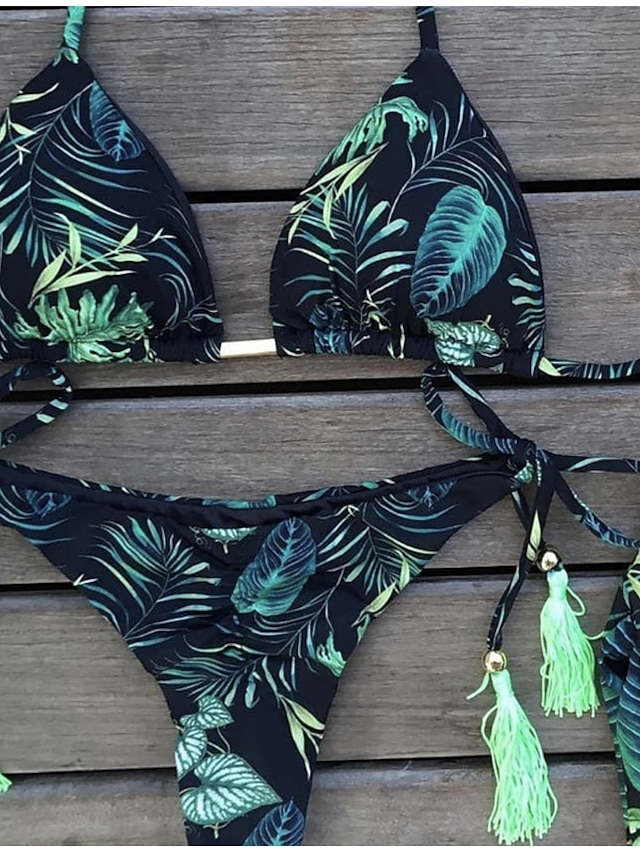 Womens Clothing Womens Swimwear | Womens Swimwear Bikini 2 Piece Normal Swimsuit Open Back Print Tropical Leaf Green Black Blue 