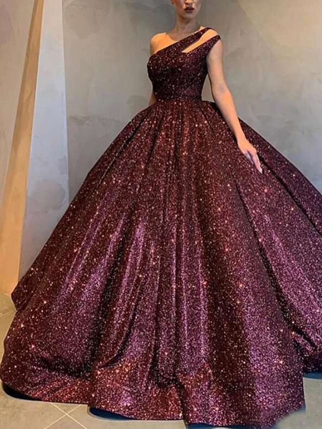  Ball Gown Sparkle Sexy Quinceanera Formal Evening Dress One Shoulder Sleeveless Floor Length Sequined with Pleats Sequin 2022