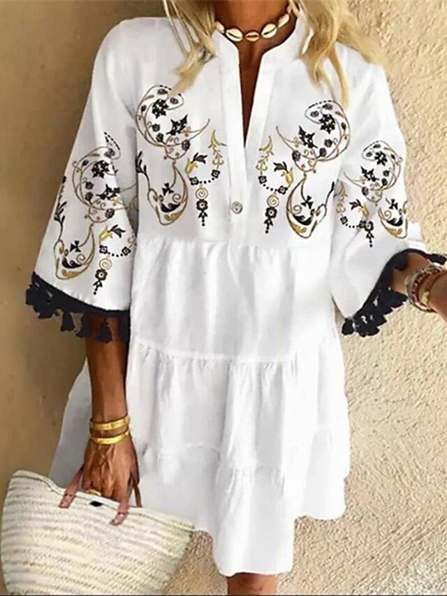 Womens Clothing Womens Dresses | Womens Shift Dress Short Mini Dress Blue Black Khaki Red Half Sleeve Floral Tassel Fringe Smock