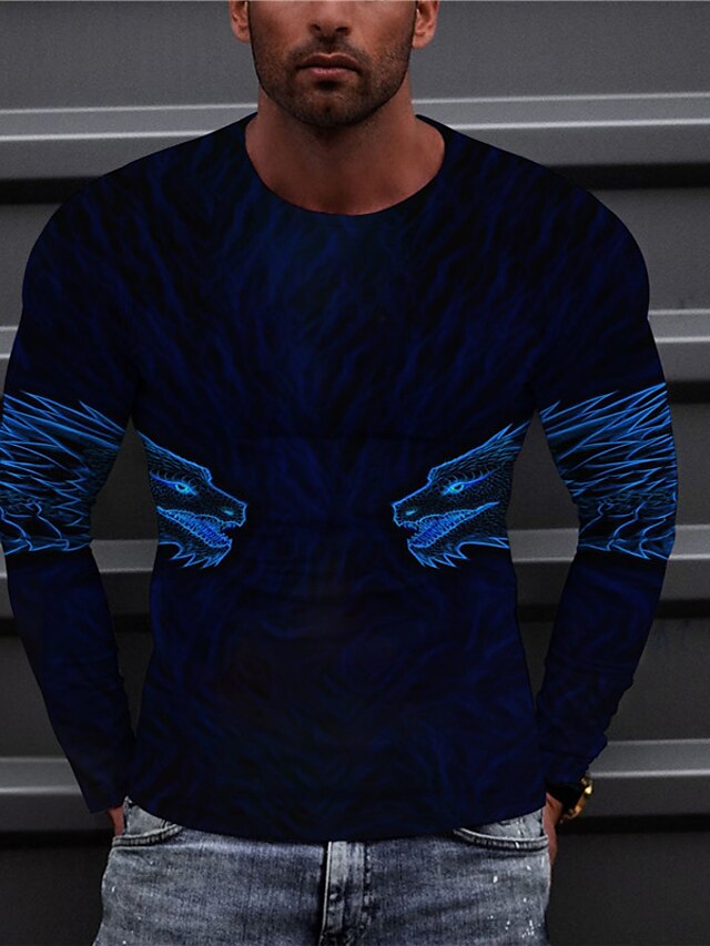  Men's Unisex T shirt 3D Print Dragon Graphic Prints Crew Neck Daily Holiday Print Long Sleeve Tops Casual Designer Big and Tall Blue