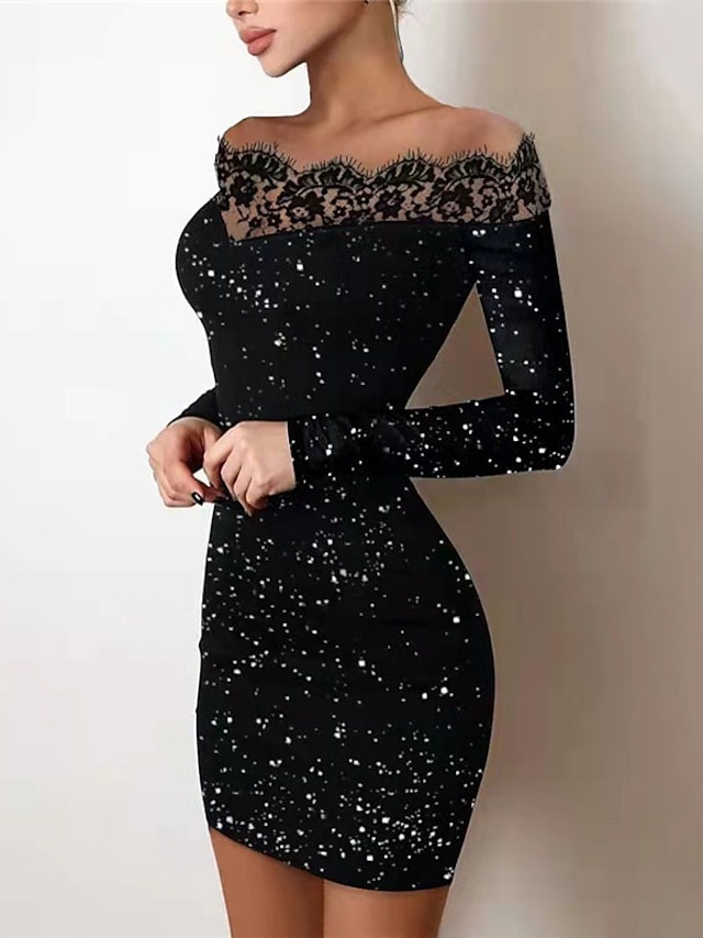  Women‘s Party Dress Wedding Guest Dress Lace Dress Bodycon Black Long Sleeve Pure Color Lace Fall Spring Off Shoulder Party Winter Dress Evening Party 2022 S M L XL XXL