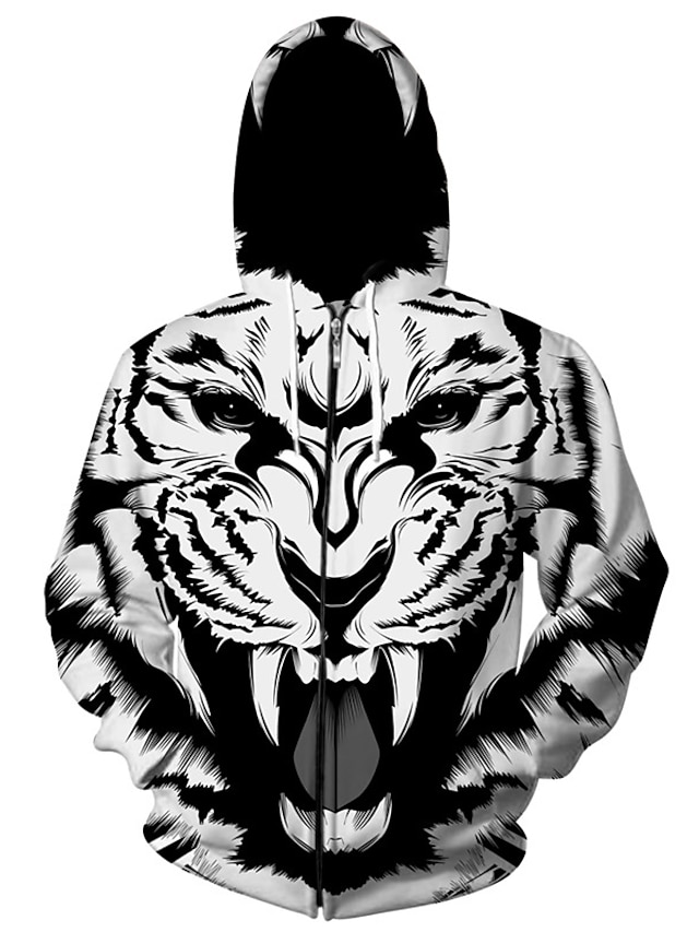 Mens Clothing Mens Hoodies & Sweatshirts | Mens Unisex Full Zip Hoodie Jacket Graphic Prints Tiger Zipper Print Daily Sports 3D 