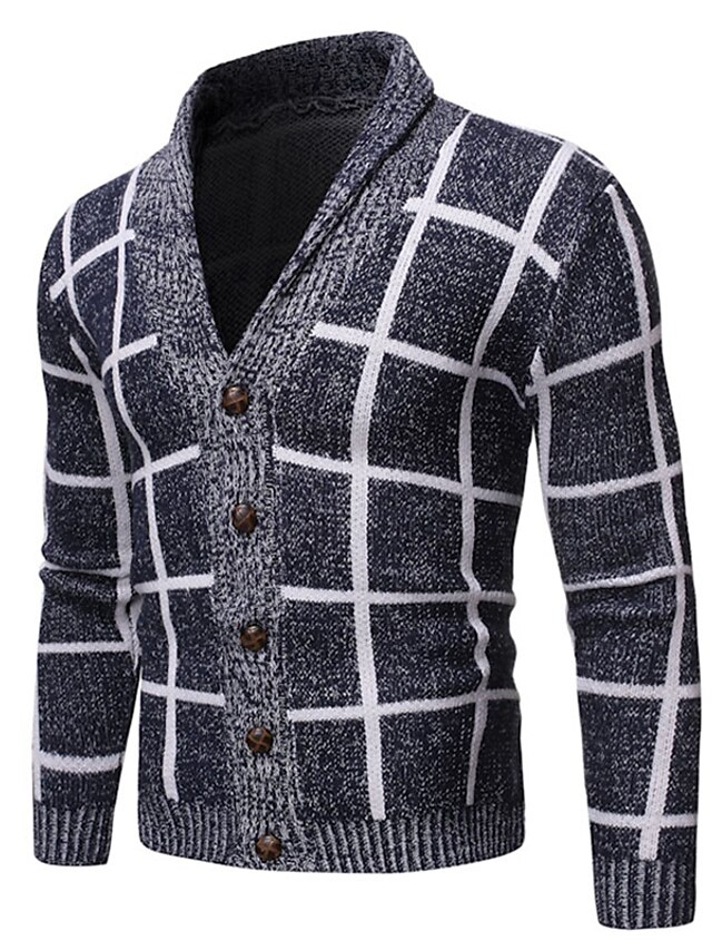 Men's Sweater Cardigan Knit Knitted Plaid V Neck Stylish Home Daily ...