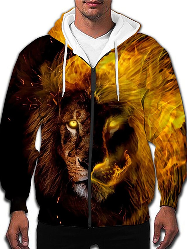 Mens Clothing Mens Hoodies & Sweatshirts | Mens Unisex Full Zip Hoodie Jacket Graphic Prints Lion Zipper Print Daily Sports 3D P