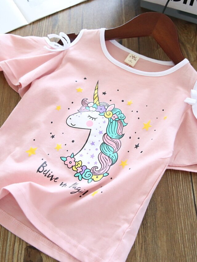 Baby & Kids Girls Clothing | Kids Girls Clothing Set 2 Pieces Short Sleeve White Pink Cartoon Unicorn Letter Ruched Mesh Print C