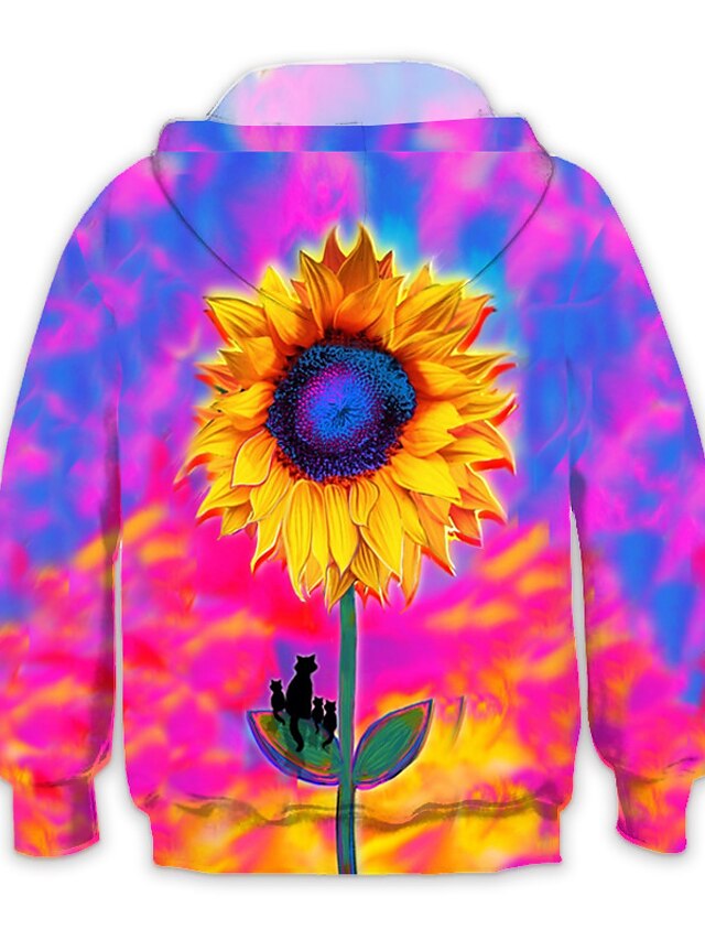 Baby & Kids Girls Clothing | Kids Girls Hoodie Long Sleeve Purple 3D Print Sunflower Pocket Daily Indoor Outdoor Active Fashion 