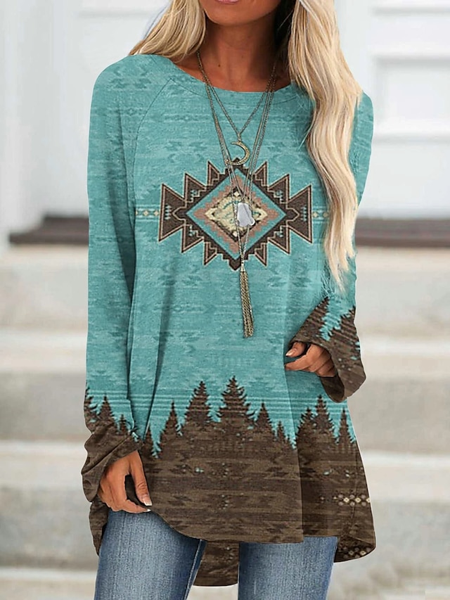  Dame T-shirt tunika Marron Gul Lysegrøn Geometrisk Ternet Trykt mønster Langærmet Afslappet Tunika Årgang Etnisk Rund hals Lang boheme tema Geometrisk Plusstørrelser S