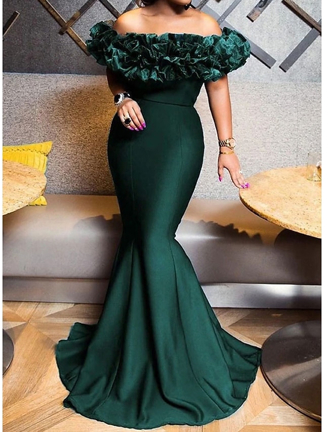  Mermaid Evening Gown Emerald Green Dress Red Green Dress Engagement Sweep / Brush Train Short Sleeve Off Shoulder Stretch Satin with Sleek 2024