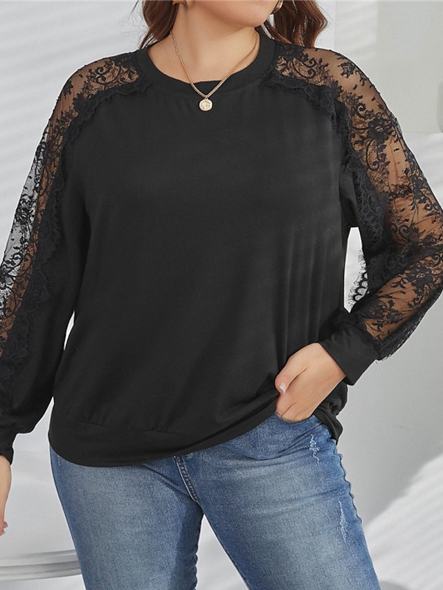 Womens Clothing Plus Size Collection | Womens Plus Size Tops Blouse Shirt Plain Lace Long Sleeve Crewneck Basic Daily Weekend Po