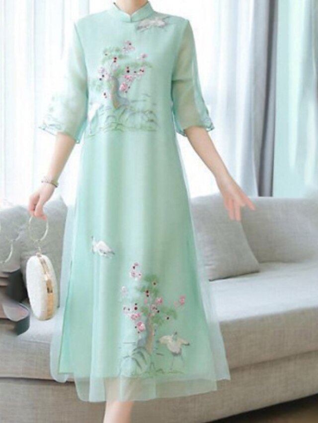 Womens Clothing Womens Dresses | Womens A Line Dress Midi Dress Green Pink Half Sleeve Floral Embroidered Print Spring Summer St