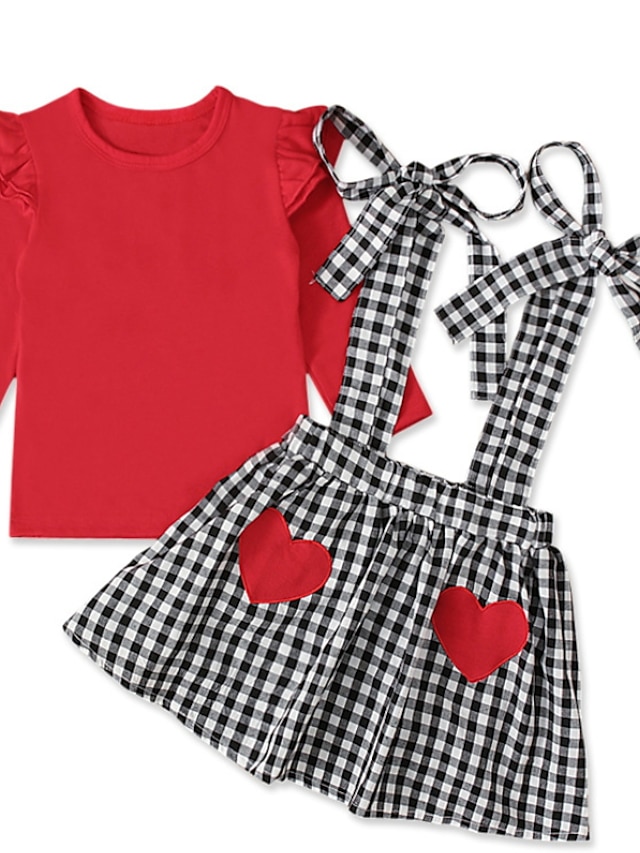 Baby & Kids Girls Clothing | Kids Girls Clothing Set 2 Pieces Long Sleeve Red Plaid Check Heart Ruffle Print Indoor Outdoor Cute