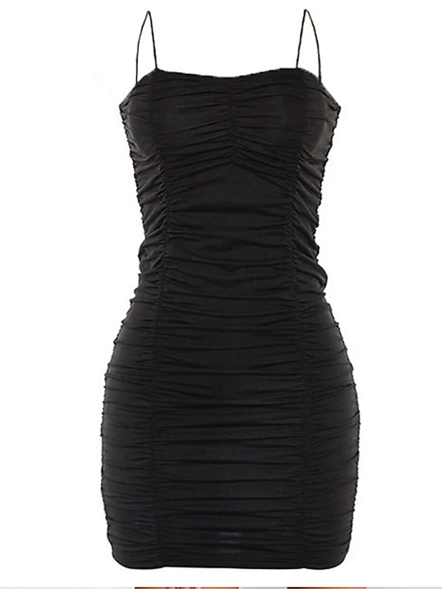  Women's Black Dress Strap Dress Mini Dress Black Sleeveless Pure Color Ruched Summer Spring Cold Shoulder Hot Party 2023 S M L XL