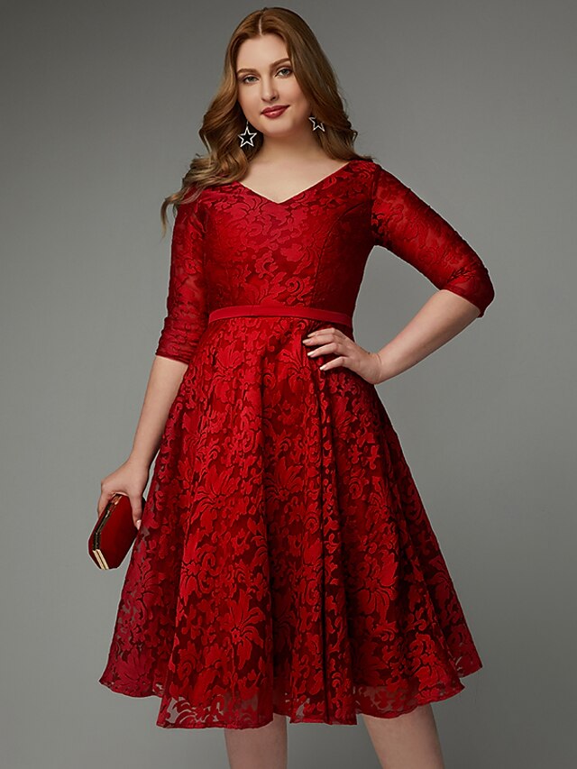 A-Line Elegant Cocktail Party Valentine's Day Dress V Neck Lace-up 3/4 Length Sleeve Knee Length Lace with Sash / Ribbon 2022