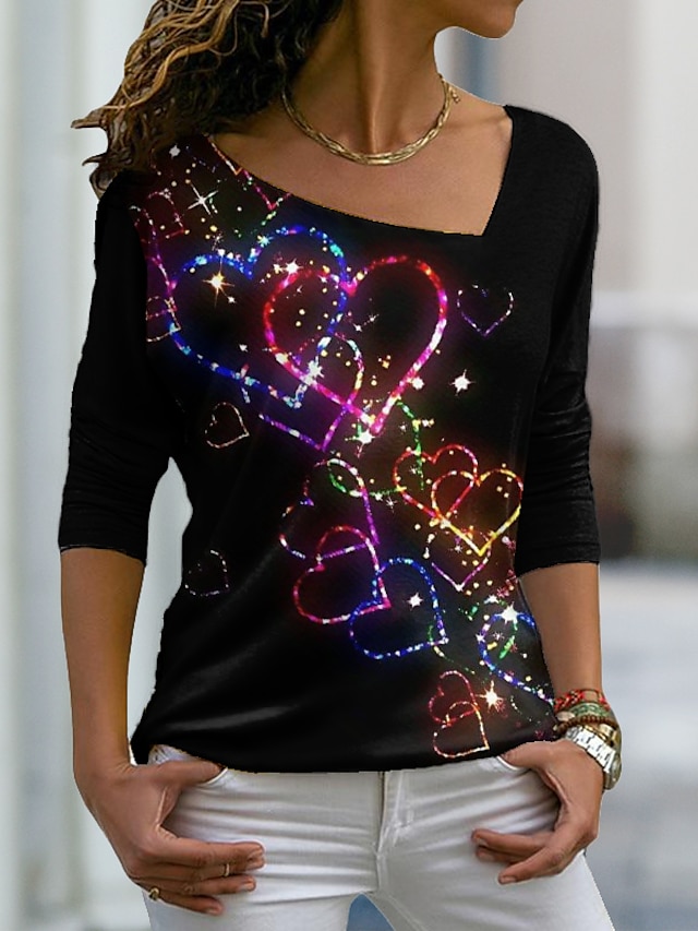  Women's Plus Size T shirt Tee Heart Sparkly Glittery Print Daily Weekend Basic Long Sleeve V Neck Black Fall & Winter