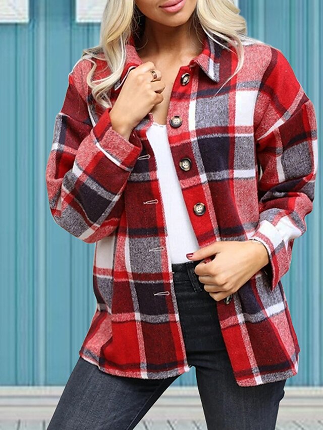 Womens Clothing Womens Tops | Womens Daily Weekend Blouse Shacket Shirt Plaid Color Block Long Sleeve Button Shirt Collar Basic 