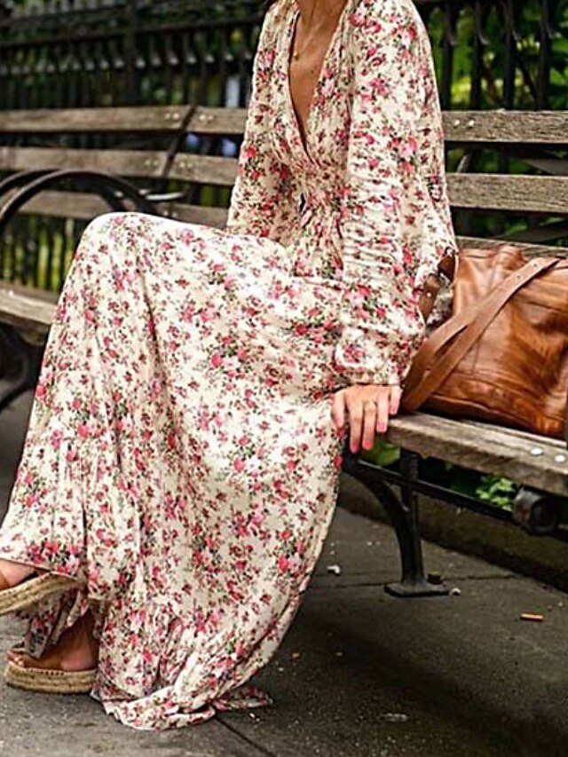 Womens Clothing Womens Dresses | Womens A Line Dress Maxi long Dress Red Long Sleeve Floral Ruffle Print Spring Summer V Neck St