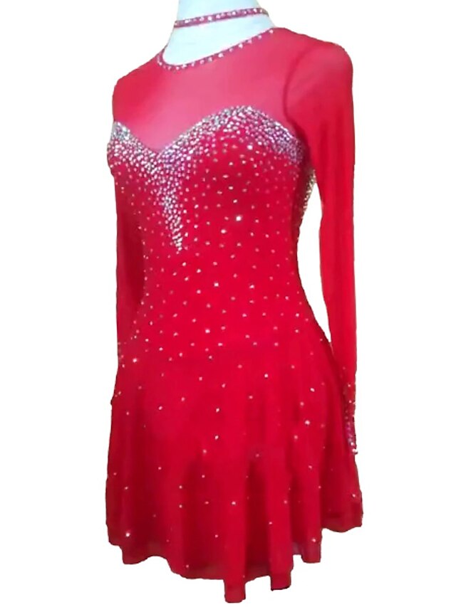 Sports & Outdoors Ice Skating | Figure Skating Dress Womens Girls Ice Skating Dress Outfits Red Mesh Spandex High Elasticity Com