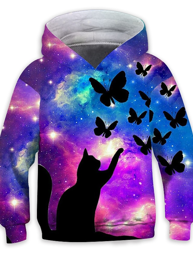 Baby & Kids Girls Clothing | Kids Girls Hoodie Long Sleeve Purple 3D Print Cat Butterfly Animal Pocket Daily Indoor Outdoor Acti