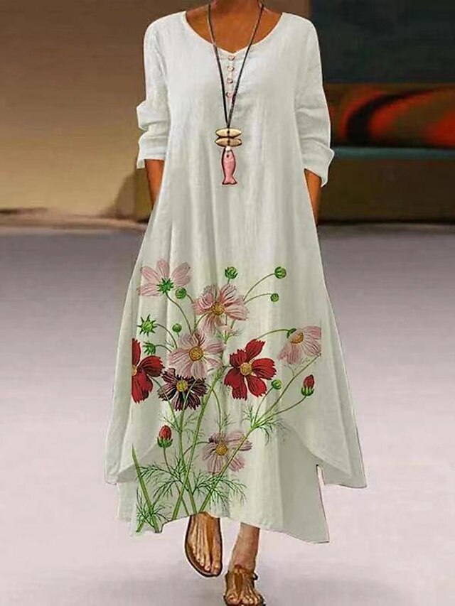 Women's Swing Dress Animal Floral Print Button V Neck Maxi long Dress ...