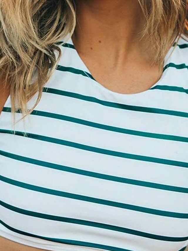 Womens Clothing Womens Swimwear | Womens Swimwear Bikini 2 Piece Normal Swimsuit Open Back Print Striped Green White Tank Top Ba