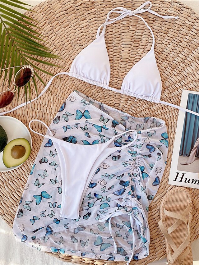 Womens Clothing Womens Swimwear | Womens Swimwear Bikini Three Piece Normal Swimsuit Open Back Print Floral Butterfly White Blac