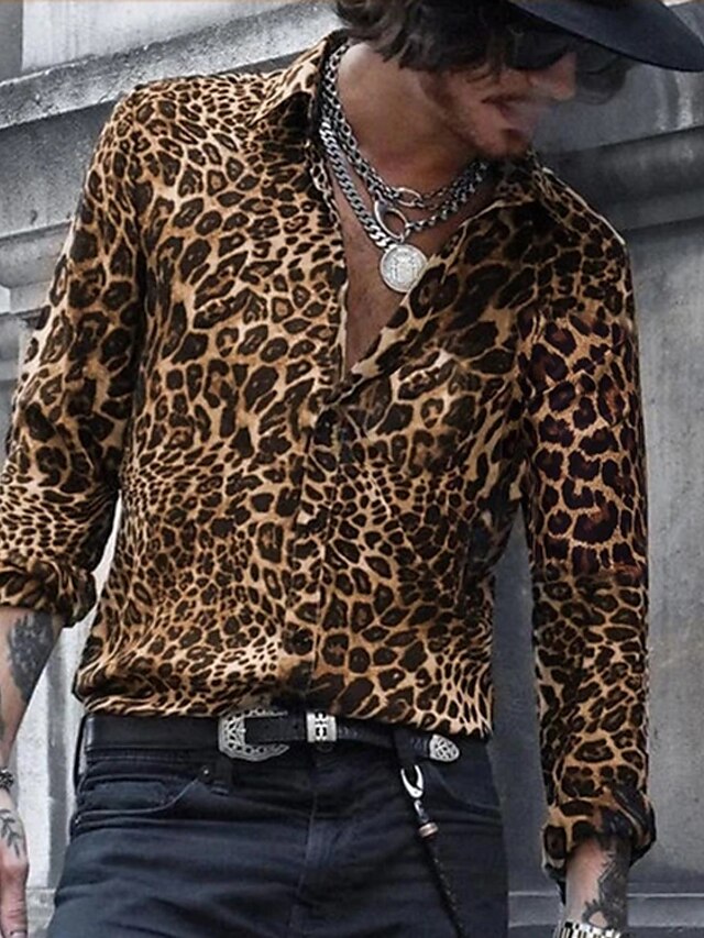  Men's Shirt Leopard Classic Collar Black Pink Blue Brown Green Other Prints Street Casual Long Sleeve Print Clothing Apparel Fashion Designer Business Casual