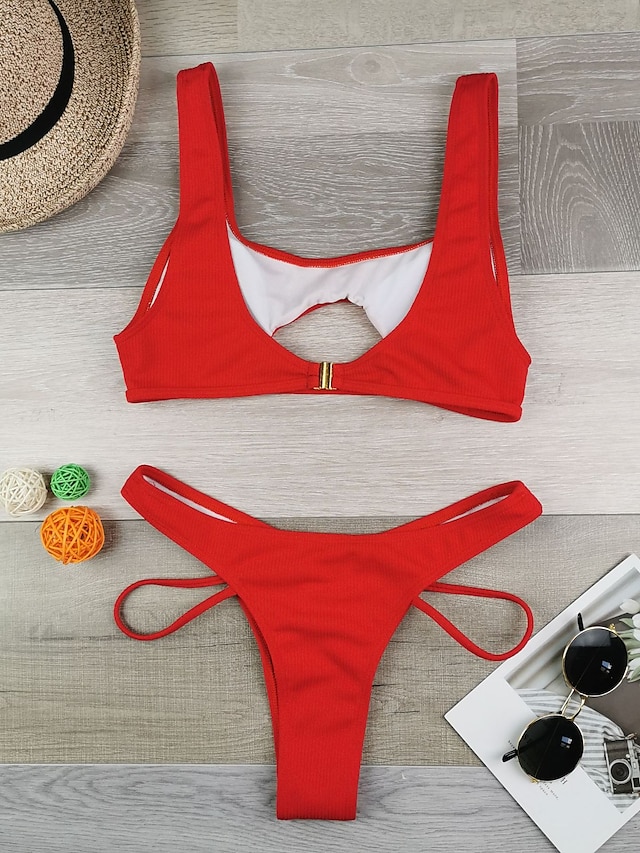 Womens Clothing Womens Swimwear | Womens Swimwear Bikini 2 Piece Normal Swimsuit Water Sports Open Back Cut Out Solid Color Gree