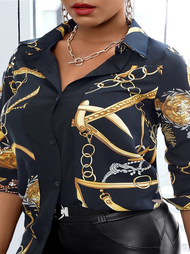 Womens Clothing Plus Size Collection | Womens Plus Size Tops Blouse Shirt Graphic Button Print Long Sleeve Shirt Collar Streetwe