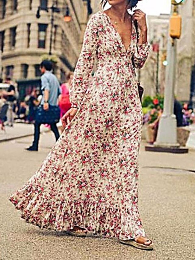 Womens Clothing Womens Dresses | Womens A Line Dress Maxi long Dress Red Long Sleeve Floral Ruffle Print Spring Summer V Neck St