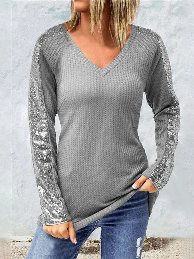 Womens Clothing Sweaters & Cardigans | Womens Pullover Sweater Jumper Knit Sequins Knitted Color Block V Neck Stylish Casual Hom