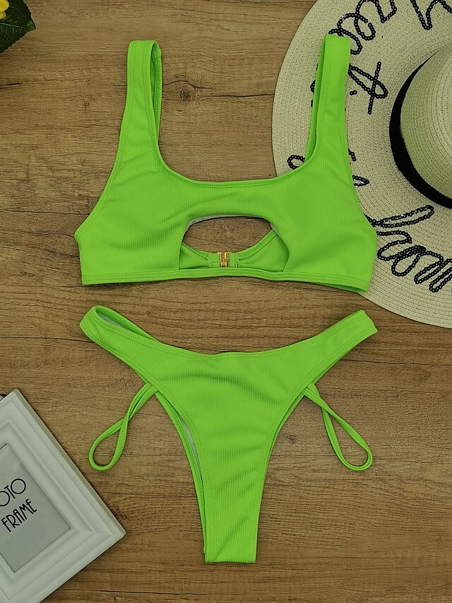 Womens Clothing Womens Swimwear | Womens Swimwear Bikini 2 Piece Normal Swimsuit Water Sports Open Back Cut Out Solid Color Gree