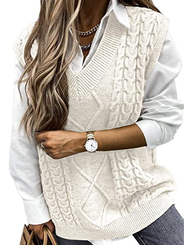 Womens Clothing Sweaters & Cardigans | Womens Vest Jumper cable Knit Tunic Knitted Solid Color V Neck Stylish Basic Home Daily F