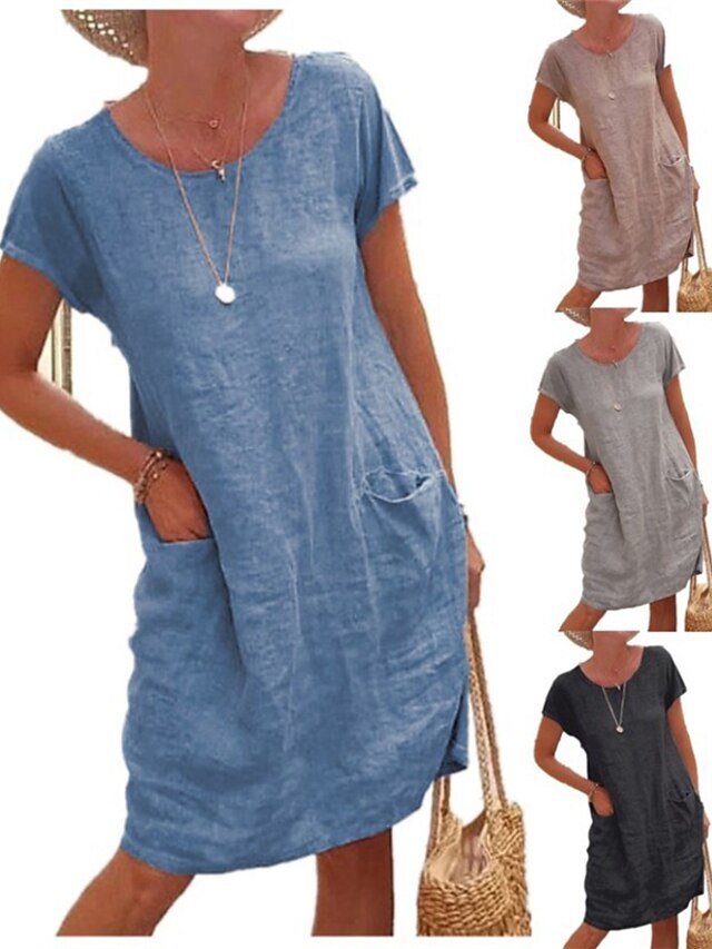 Women‘s Shift Dress Knee Length Dress Short Sleeve Pure Color Pocket