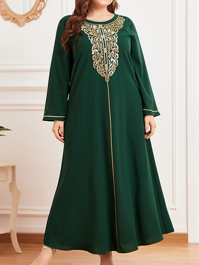 Womens Clothing Womens Dresses | Womens A Line Dress Maxi long Dress Green Long Sleeve Print Embroidered Spring Summer Round Nec