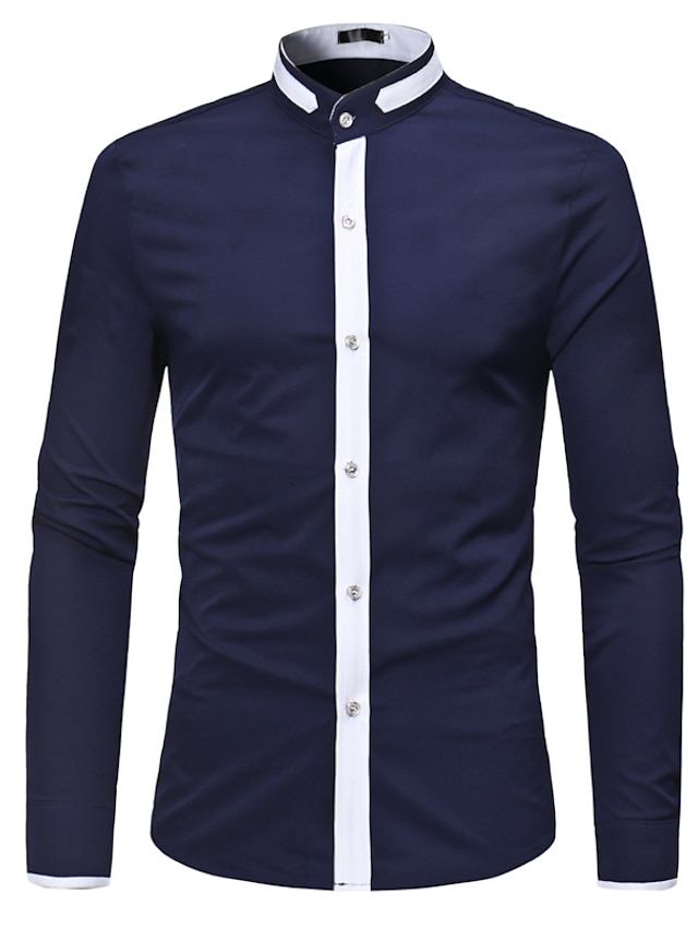Men's Classic Shirt Regular Fit Long Sleeve Standing Collar Color Block ...
