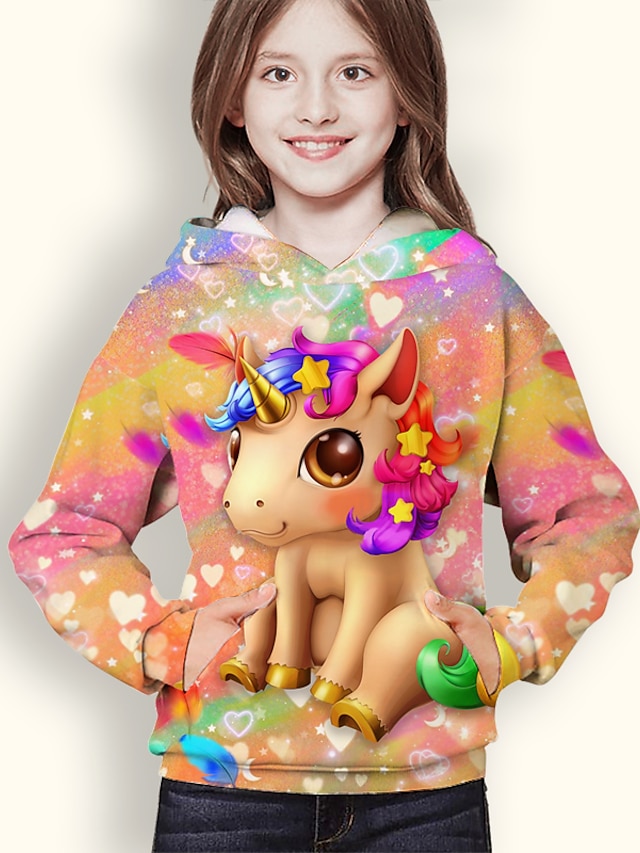  Girls' 3D Animal Unicorn Hoodie Long Sleeve 3D Print Spring Winter Active Sports Fashion Polyester Kids 3-12 Years Outdoor Daily Indoor Regular Fit