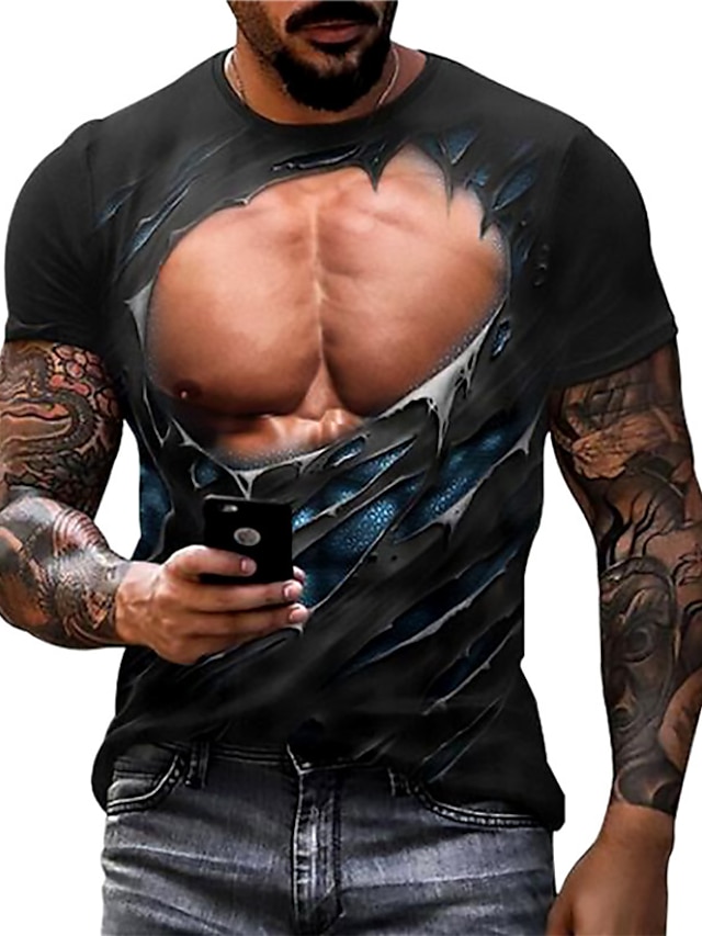  Herren T Shirt Grafik-Drucke 3D-Muskel-T-Shirt Rundhalsausschnitt Schwarz 3D-Druck Täglich Festtage Kurzarm Bedruckt Bekleidung Designer Brautkleider schlicht Muskel Groß und hoch