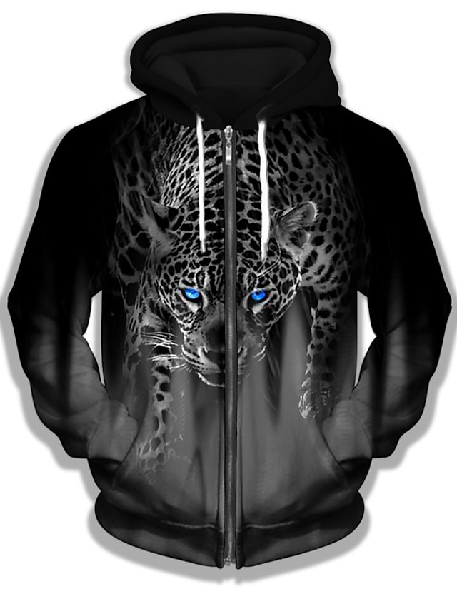 Mens Clothing Mens Hoodies & Sweatshirts | Mens Unisex Full Zip Hoodie Jacket Leopard Graphic Prints Animal Zipper Print Daily S