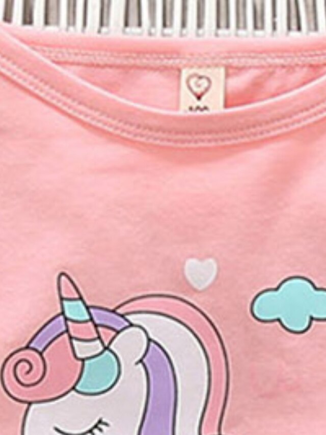 Baby & Kids Girls Clothing | Kids Girls Clothing Set 2 Pieces Short Sleeve Pink Cartoon Unicorn Letter Print Cotton Indoor Outdo