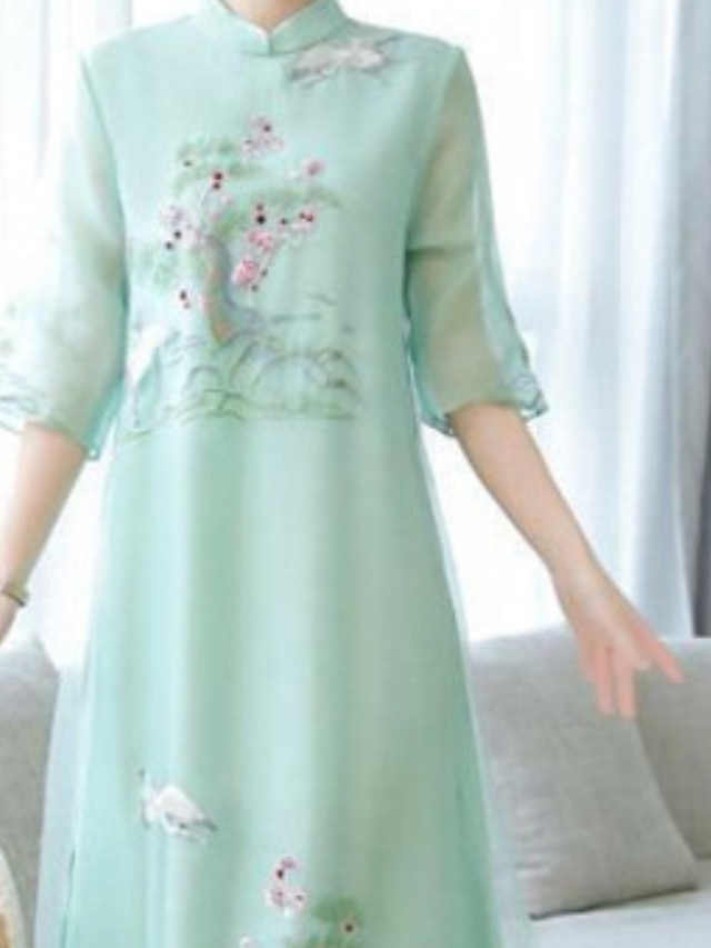 Womens Clothing Womens Dresses | Womens A Line Dress Midi Dress Green Pink Half Sleeve Floral Embroidered Print Spring Summer St