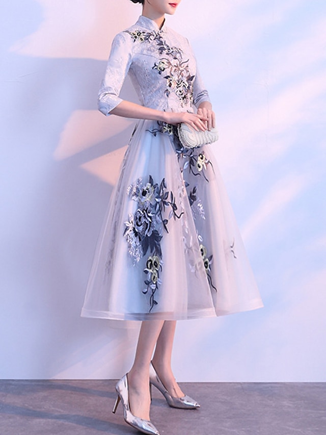 A-Line Mother of the Bride Dress Elegant Vintage High Neck Tea Length ...