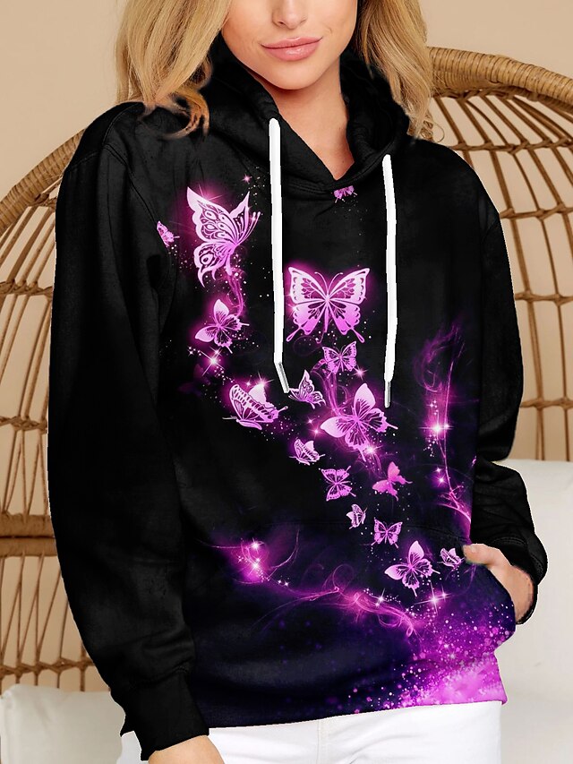 Womens Clothing Womens Tops | Womens Hoodie Sweatshirt Butterfly Sparkly Glittery Front Pocket Print Casual Sports 3D Print Acti