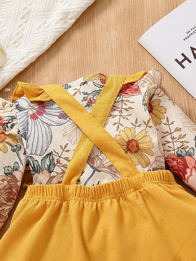 Baby & Kids Girls Clothing | Kids Girls Clothing Set 2 Pieces Long Sleeve Yellow Floral Graphic Ruched Ruffle Print Cotton Indoo