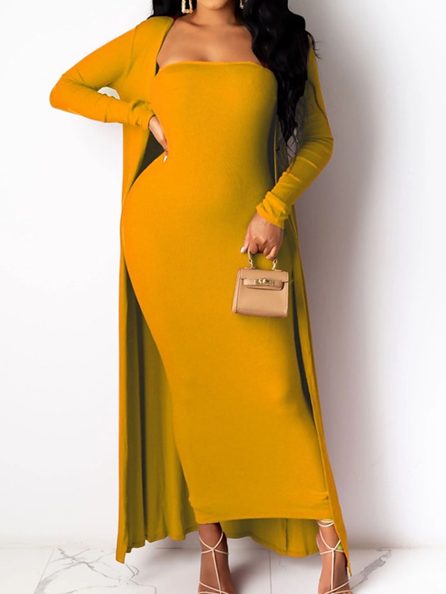 Womens Clothing Womens Dresses | Womens Sheath Dress Maxi long Dress Blue Black Red Brown Yellow Long Sleeve Pure Color Backless