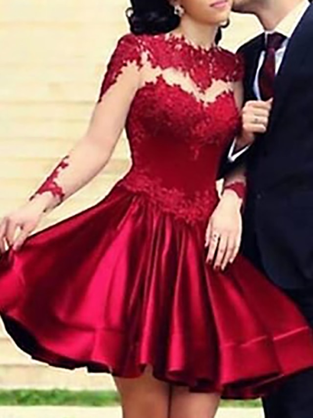  A-Line Hot Cocktail Party Prom Valentine's Day Dress Jewel Neck Long Sleeve Short / Mini Lace with Pleats Appliques 2022