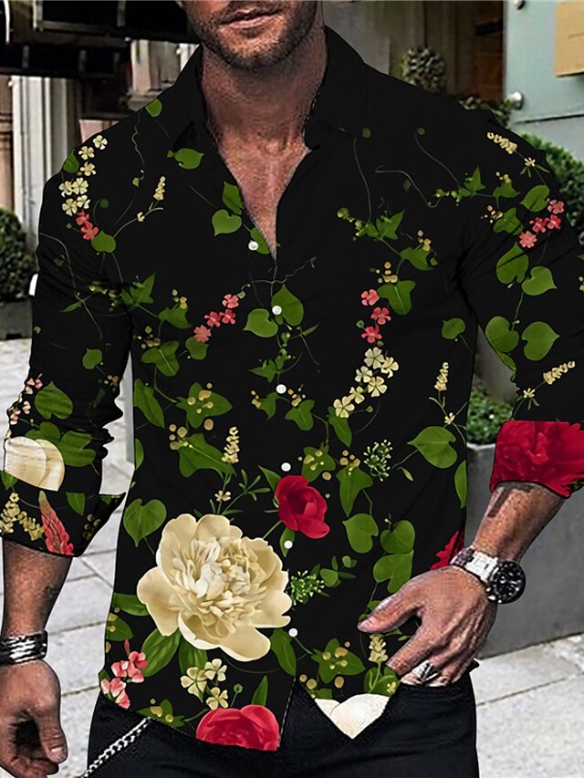  Men's Shirt 3D Print Floral Turndown Street Casual Button-Down Print Long Sleeve Tops Casual Fashion Breathable Green